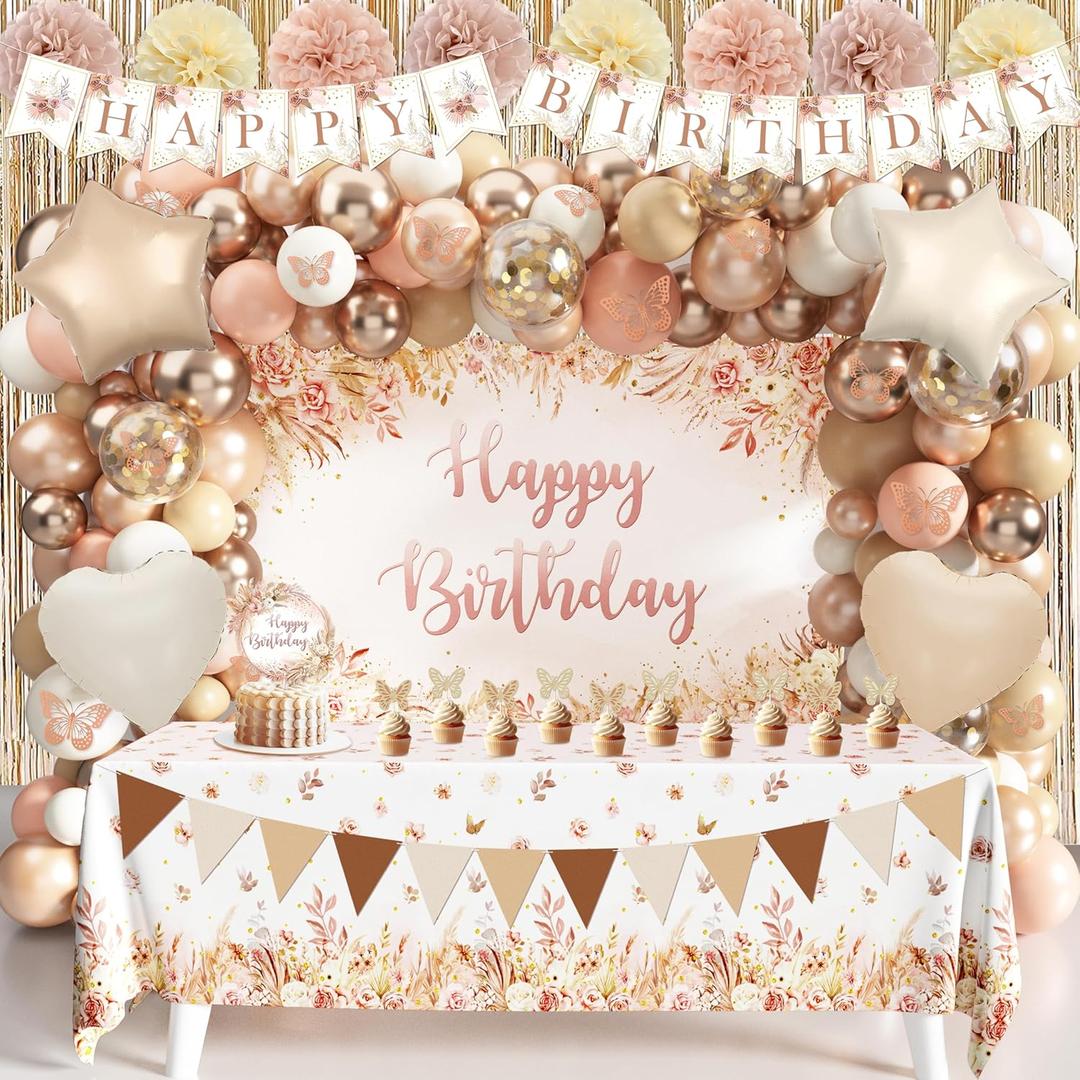 Boho Birthday Decorations for Women, Pastel Neutral Happy Birthday Decors Set for Girls or Boy, Balloon Arch Garland Kit
