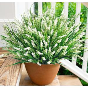 Artificial Fake Outdoor Plants Flowers for Summer Decoration,10 Bundles Faux Plastic Tall Monkey Grass Greenery UV Resistant Realistic for Home Outside Planter Window Porch Patio Garden-White