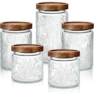 Gerrii 5 Pcs Vintage Glass Food Storage Containers 17/24/34 oz Glass Jar with Lid Airtight Candy Food Canisters for Kitchen Counter Pantry Coffee Beans(Clear,Sunflower Round)