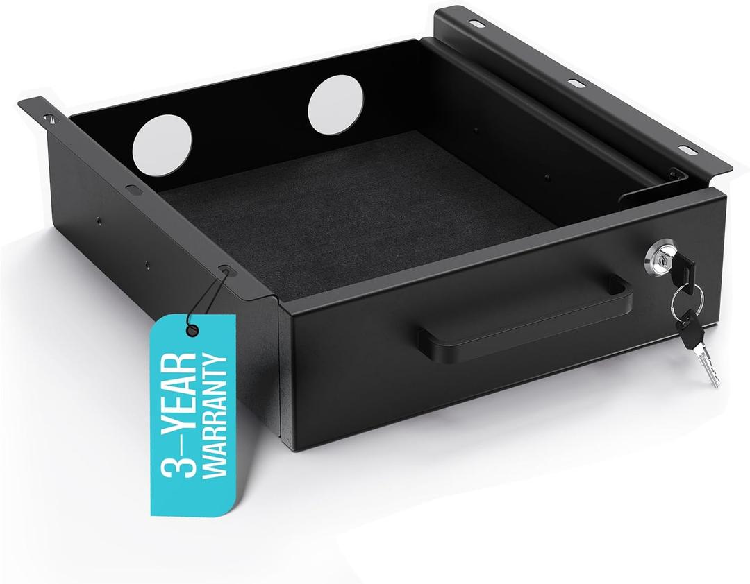 Under Desk Drawer Slide-Out  Lockable Metal Storage Drawer with Cable Management for Office & Home (Single, Non-Bracketed)