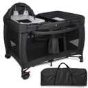 5 in 1 Pack and Play with Bassinet & Changing Table, Portable Foldable Playpen for Babies and Toddlers with Locking Wheels & Diaper Storage, Easy Fold Travel Playard (Black)