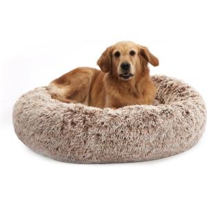 Bedfolks Calming Donut Dog Bed, 36 Inches Round Fluffy for Large Dogs, Anti-Anxiety Plush, Machine Washable (Brown, Large)