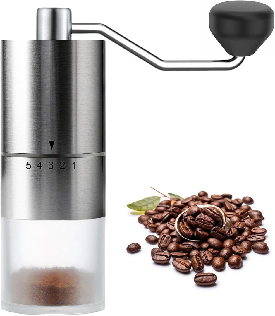 Portable Manual Coffee Grinder - Conical Burr with 5 Adjustable Settings for Smooth Grinding, Perfect for Espresso Enthusiasts at Home, Office, or Camping (Silver Ceramic Burr)
