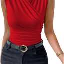 SweatyRocks Women's Ruched Wrap Mock Neck Tank Tops Casual Sleeveless Solid Slim Fit Tank Top (Medium, Red)