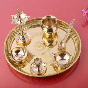 SATVIK 10 Inch Brass Puja Thali Set of 7 | Handcrafted Design for Divine Blessings | Ideal Housewarming Return Gift | Perfect for Festivals & Worship | Complete Puja Thali Set