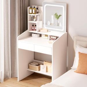 Small Makeup Vanity Desk with Lighted Mirror, White, 23.62" W x 15.74" D x 53.93" H (Smart LED Mirror, Open Shelves, 2 Drawers)