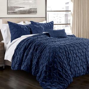 Lush Decor Ravello Pintuck Comforter Set - Luxe 5 Piece Textured Bedding Set - Traditional Glam & Farmhouse Inspired Bedroom Decor - King, Navy