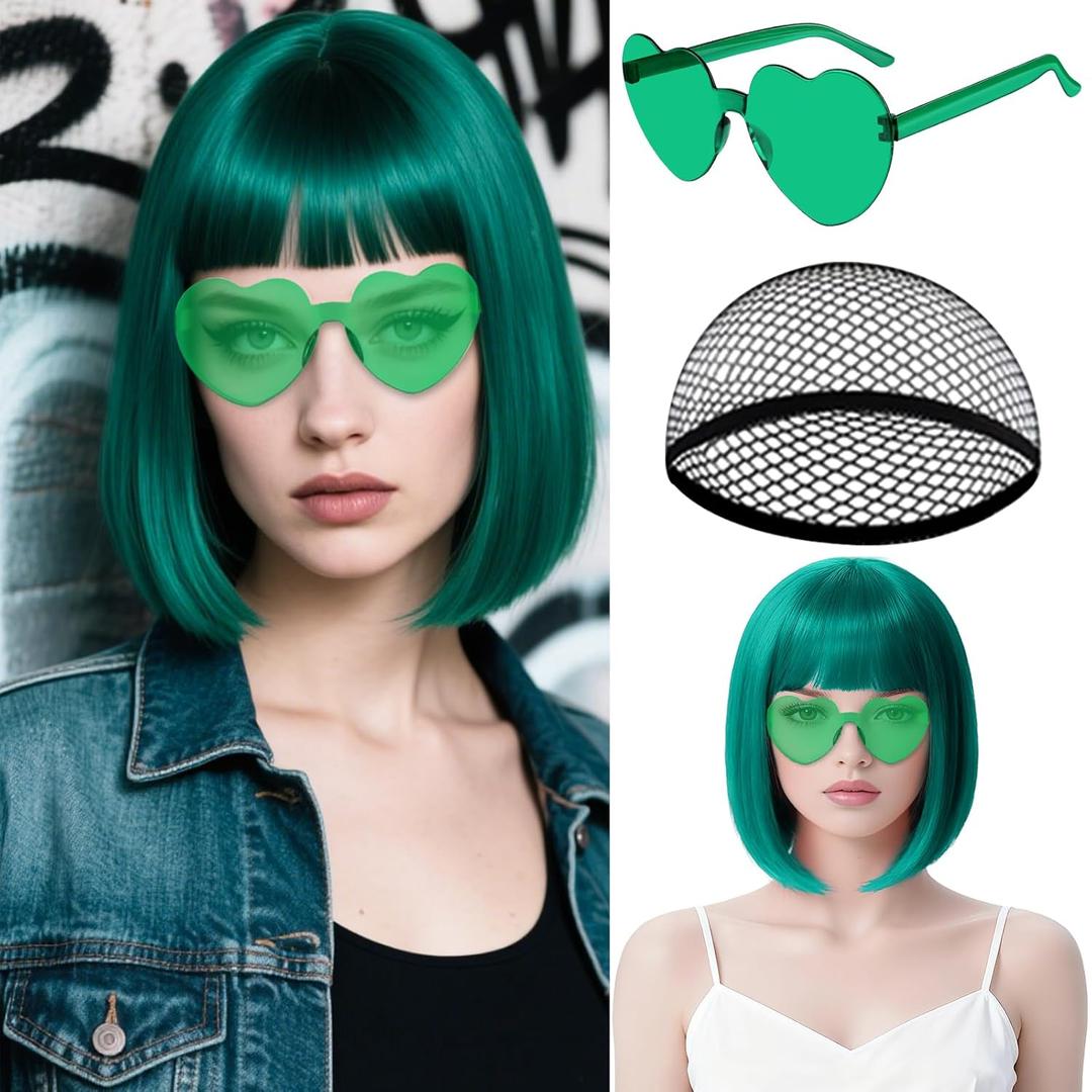 MEEZY Blue Green Short Bob Wigs Straight Hair with Flat Bangs Heart Sunglasses for Women, Colorful Funny Cosplay Party Neon Wig Synthetic Natural As Real Carnival Halloween Costume (Aquamarine)