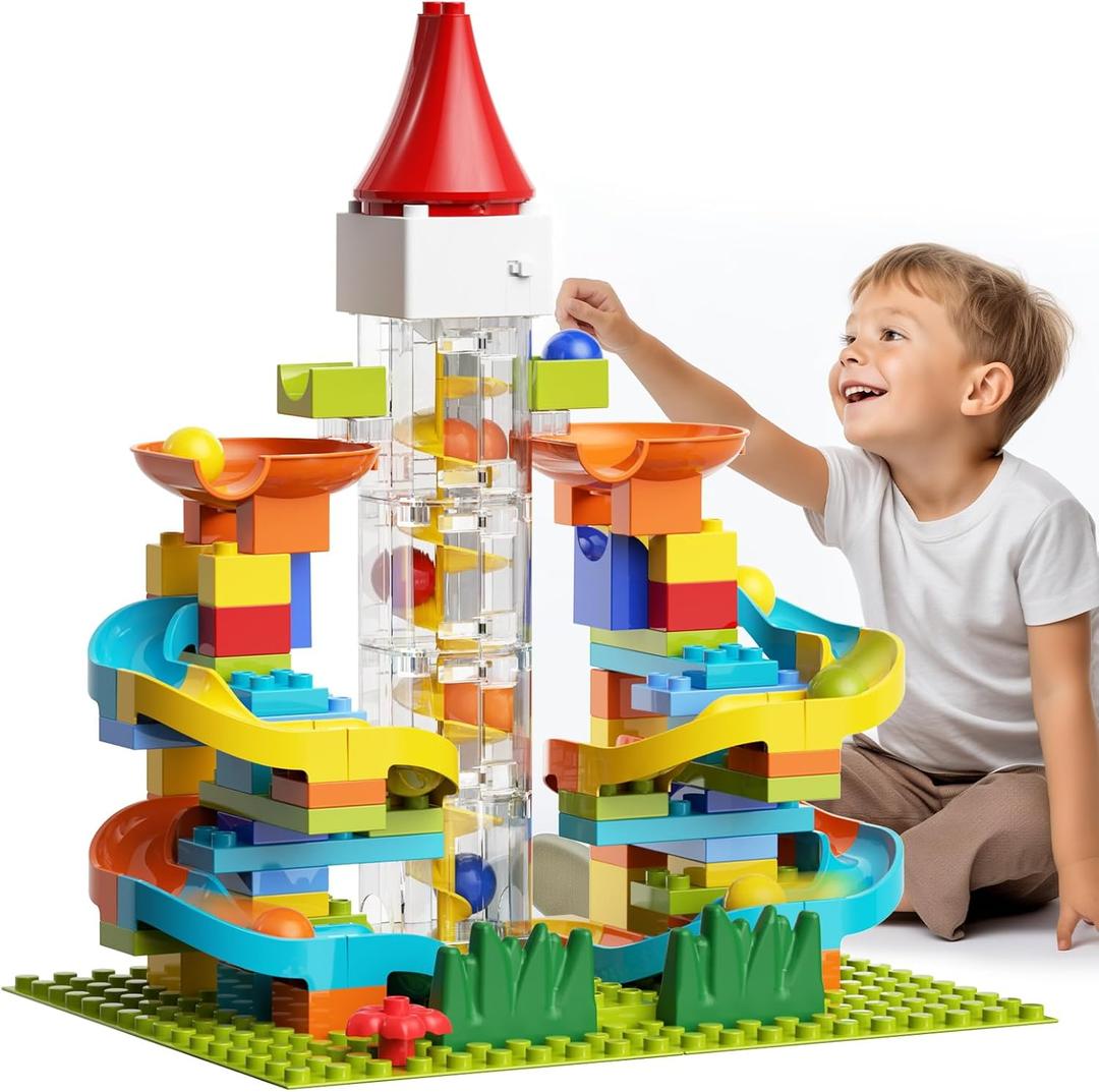 Electric Marble Run with Automatic Elevator Lift - STEM Building Toy for Kids Ages 4-8, 102 PCS Construction Set with 10 Marbles & Transparent Track, Compatible with Standard Building Blocks