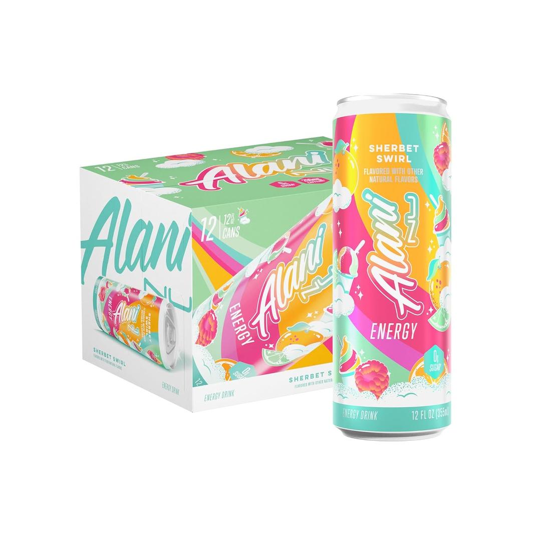 Alani Nu SHERBET SWIRL Sugar Free, Low Calorie Energy Drinks, 200mg Caffeine, Biotin B Vitamins, Zero Sugar, 10 Calories, 12 Fl Oz Cans, 12 Pack (EXP 10/01/27)
