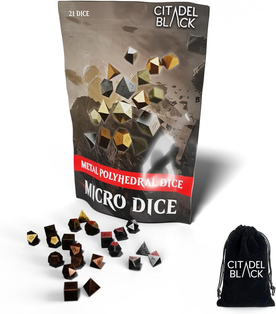 Citadel Black Micro Dice - Set of 21 Metal Roleplaying Dice with Drawstring Storage Pouch, Tiny Polyhedral, Designed for D&D, Pathfinder, and Other Tabletop Campaign Games
