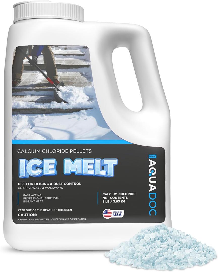 AquaDoc Ice Melt Safe for Concrete - 8lb - Snow Salt & Rock Salt for Snow Alternative - Calcium Chloride Ice Melt for Driveway & Sidewalk Effective at -25F - Made in USA