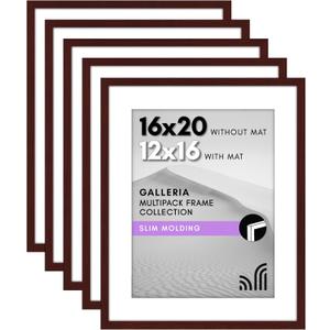 Americanflat 16x20 Picture Frame with Polished Plexiglass - Set of 5 - Use as 12x16 Frame with Mat or Display 16x20 Photo Without Mat - Galleria Collection - Picture Frames for Wall Display - Mahogany