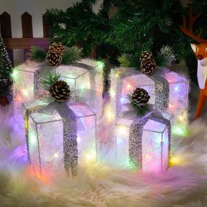 Christmas Lighted Gift Boxes, Pre-lit Lights Gift Boxes Set of 4, Light up Present Boxes Set Battery Operated with Different Sizes for Holiday Indoor Outdoor Decorations(Multi-Colored)