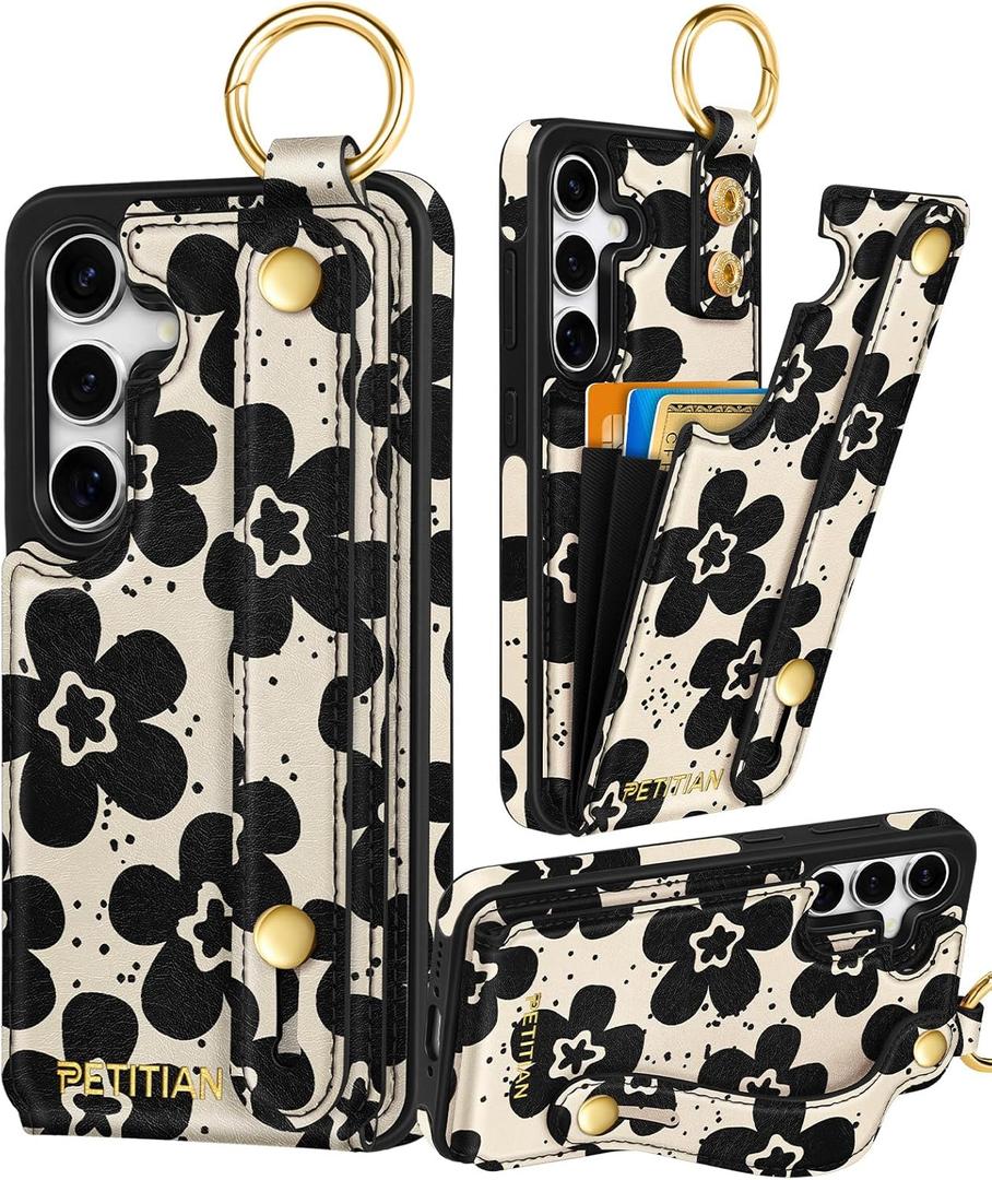 Petitian for Samsung Galaxy A35 5G Case with Wallet - Women Girls Cute Girly Aesthetic Unique Design Leather Credit Card Holder Cardholder Stand Wristband for Galaxy A35 5G, Black Flower