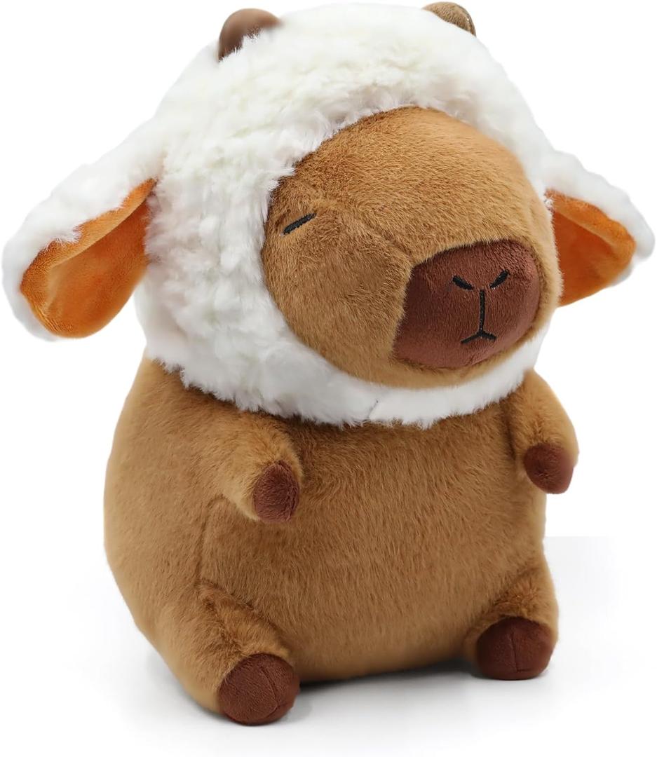 Capybara Plush, Cute Capybara Plush Toy Wear Removable Lamb Hat, Kawaii Soft Capybara Plushie Pillow, 14 inch Capybara Stuffed Animal Hugging Plushy Gifts for Kids Adults (Medium)