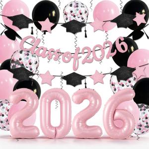 Graduation Balloons Class of 2026, 32 Inch Pink 2026 Number Foil Balloons Star Cap Garland Banner Pastel Pink Black Confetti Balloons Set for Senior High School College Congrats Grad Party Decorations