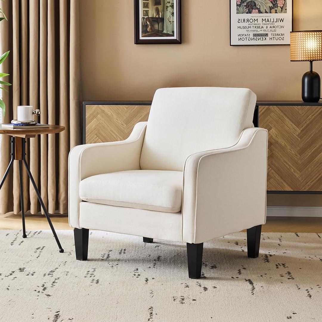VINGLI Mid Century Modern Accent Chair, Beige Fabric Accent Chairs for Living Room Upholstered Armchair Sofa with Scooped Arms for Bedroom, Apartment, Studio, Office, Waiting Room, 29.9 inches x 30.7 inches x 33 inches