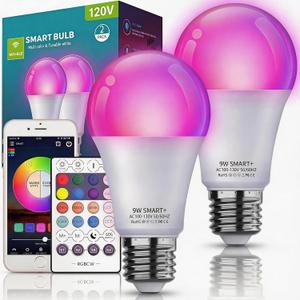 Smart Light Bulbs 2 Pack, Color Changing Light Bulb Works w/Alexa Google Home, 9W A19 E26 800LM RGBTW Colored LED Bulbs, 50+ DIY Scenes, Music Sync, App & Voice Control WiFi Light Bulbs