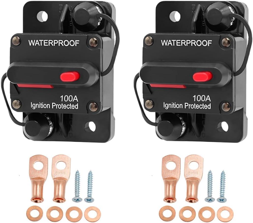 Car Circuit Breaker, 2PCS DC 12V-48V 100A Waterproof Vehicle Stereo Audio Electronic Battery Solar System Inline with Manual Reset Switch, Auto Accessories for Trolling ATV RV