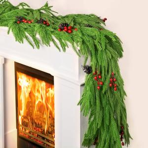 9 FT Christmas Norfolk Pine Garland Real Touch Artificial Greenery Garland Faux Pine Garlands for Mantel Fireplace Table Stairs Indoor Outdoor Christmas Decor, Bonus Gold Ribbon with LED Lights