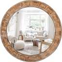 30 Inch Brown Solid Wood Round Wall Mirrors, Decorative Circle Mirror for Bathroom, Bedroom, Living Room, Hallway, Foyer, Entryway