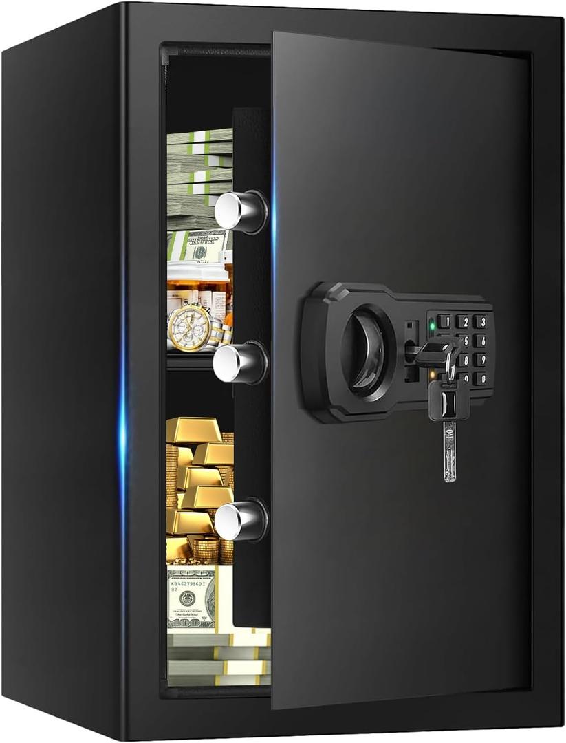 3.4 Cub Large Safes for Home, Digital Security Home Safe Box Fireproof Waterproof with Programmable Keypad, Spare Keys and Alarm System, Anti-Theft Fireproof Document Box Money Safe for Valuables Black