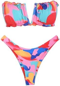 ZAFUL Women's Strapless Ribbed V Wired Lace Up Ruffle Tie High Cut Bandeau Swimsuits Bikini Set L