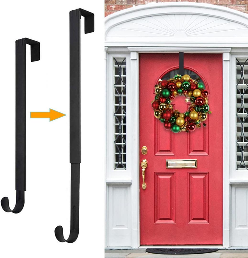 Wreath Hanger,Christmas Decorations Adjustable Wreath Hanger for Front Door Decor from 14.9-25",Over The Door Hooks Organizer 20 lbs Larger Doors Wreaths Hanger Halloween Xmas Decorations Hook (Black)