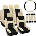 Automotive Seat Covers Beige Black Universal Fit Seat Cover Combo Set with Steering Wheel Cover and Seat Belt Pad (Airbag Compatible and Split Bench)