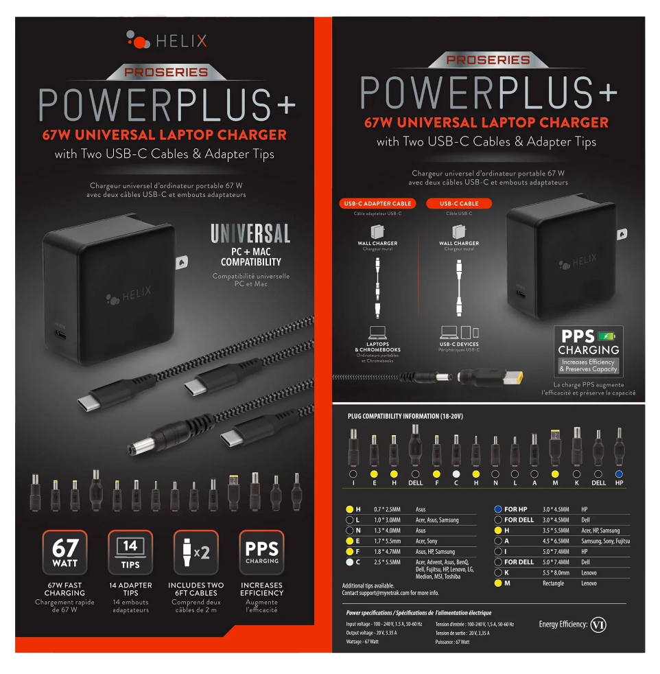 Helix ETHNBC65U ProSeries PowerPlus 65W Universal USB-C Laptop Charger