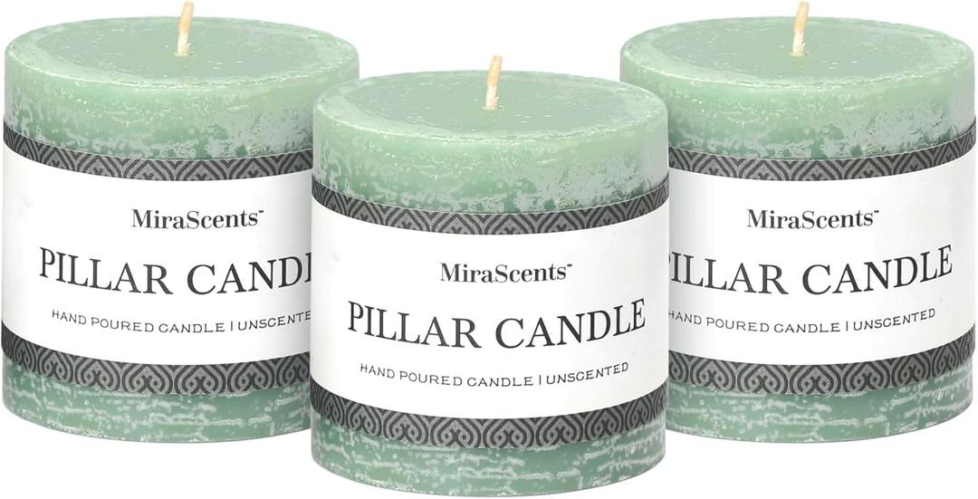 3x3 Inch Sage Green Pillar Candles - Set of 3, Long Clean Burning, Smokeless Dripless Candles for Spring Home Decor, Dinner Table, Bathroom, Rustic Decor