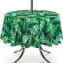 UMINEUX Outdoor Tablecloth with Umbrella Hole and Zipper, Spring/Summer Waterproof Table Cover for Picnic/BBQ/Garden(60" Round,Green Plant)