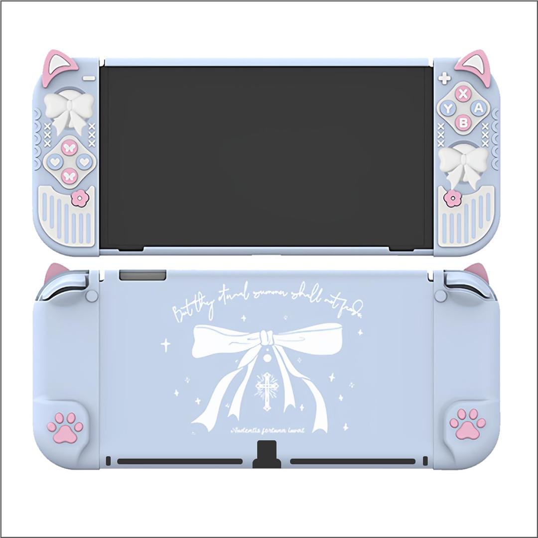​​illuscore Cute Cat Ear Case for Switch OLED, Protective Cover with Soft Silicone Grip and Anti-Scratch Matte Hard Back Shell, Includes Adorable Bow Joystick Caps - White &​ Blue​​ (Blue)