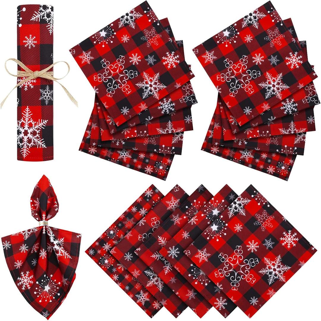 Tudomro Set of 12 Christmas Cloth Napkins 20 x 20 Inch Buffalo Plaid Snowflake Napkins Reusable Washable Red and Black Napkins Dinner Napkin for Table Dinner Holiday Xmas Decor