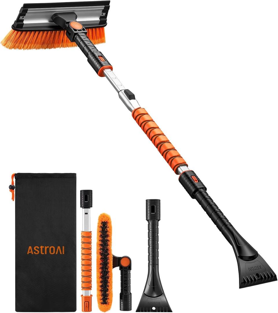 AstroAI 47.2" Ice Scrapers for Car Windshield, 3 in 1 Sturdy Snow Brush with Squeegee, 10 Adjustable Length Settings, Extendable Aluminum Handle, 180 Pivoting Snow Scraper for Car, Truck, SUV(Orange)