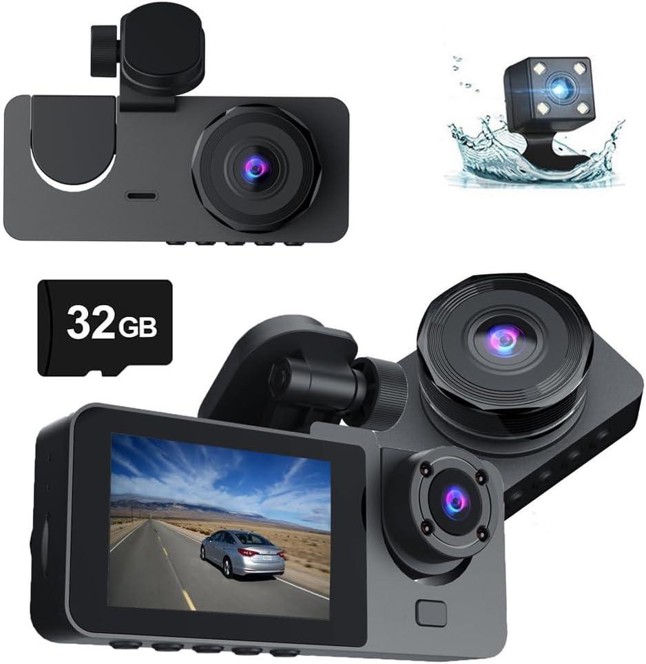 3 Channel Front Inside Rear Dash Cam for Cars, Full UHD Car Camera Front Rear with 32GB Card, Car Camera with IR Night Vision, 170Wide Angle, G-Sensor, 24H Recording, Loop Recording