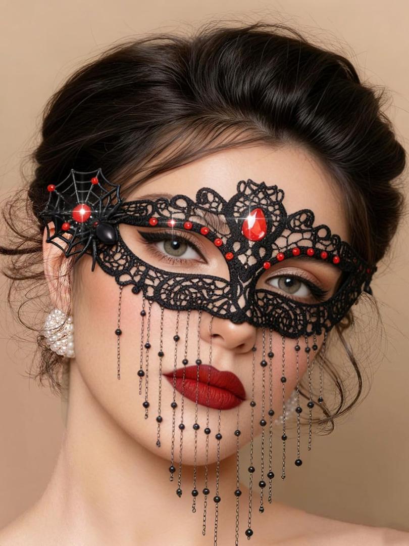 Tgirls Rhinestone Masquerade Lace Mask Women Tassel Beaded Costume Eye Masks for Party