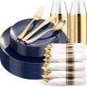 KIRE 175Pcs Blue Plastic Plates - Navy Blue Plates Disposable - 25 for Dinner 25 for Dessert 25 Pre Rolled Napkins with Gold Plastic Silverware and 25 Cups for Birthday Party/Wedding