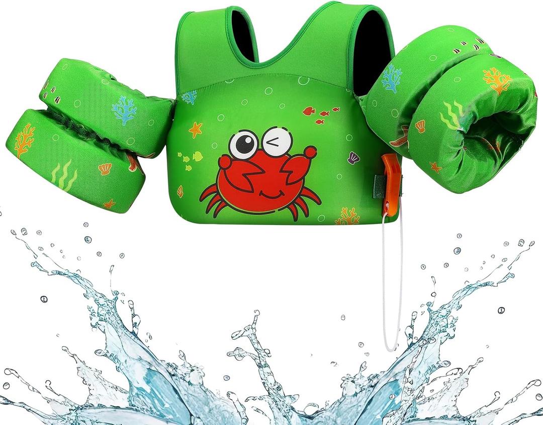 HeySplash Toddler Swim Vest, Kids Swim Vest Water Wings Swim Arm Band with Shoulder Strap and Secure Buckle for 33-70 lbs, Green Crab