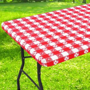 Rectangle Vinyl Table Cloth, Waterproof Elastic Fitted Tablecloth with Flannel Backing, Plastic Table Cover for Picnic, Camping, Outdoor (Red & White, 30"x60")