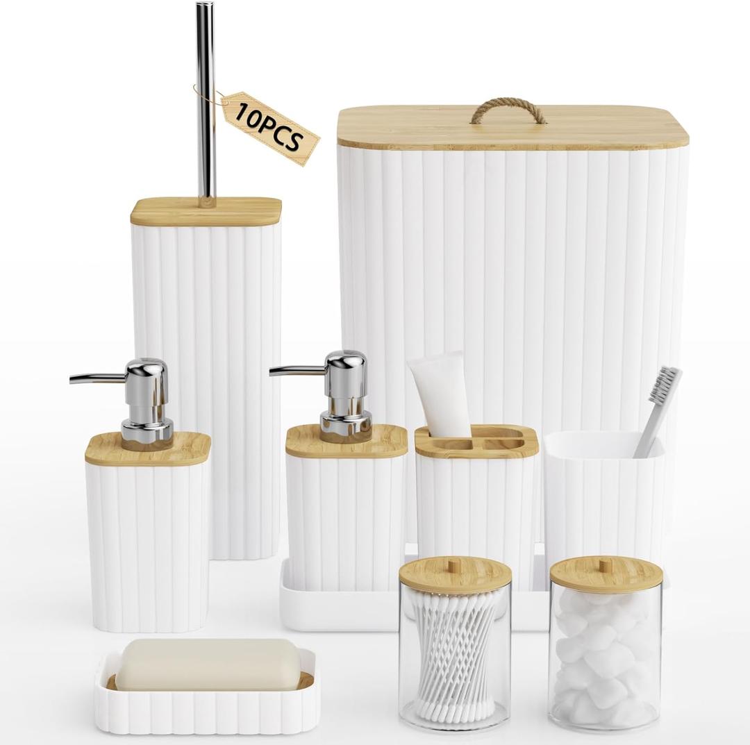 InnJoey Bathroom Accessories Set - 10PC Bathroom Set, White Bathroom Set, Bathroom Accessories Set, Toilet Brush, Bathroom Trash Can & Soap Dispenser