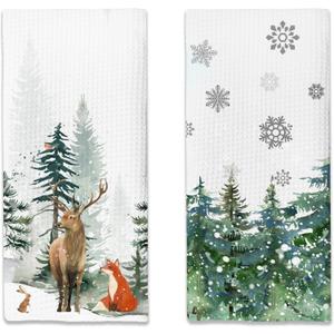 Winter Decor Deer Green Tree Snow Christmas Kitchen Towels,16x24 Inches Set of 2,Tea Towels Dish Towels Hand Towels for Home Kitchen Farmhouse Bathroom Decor.(027)
