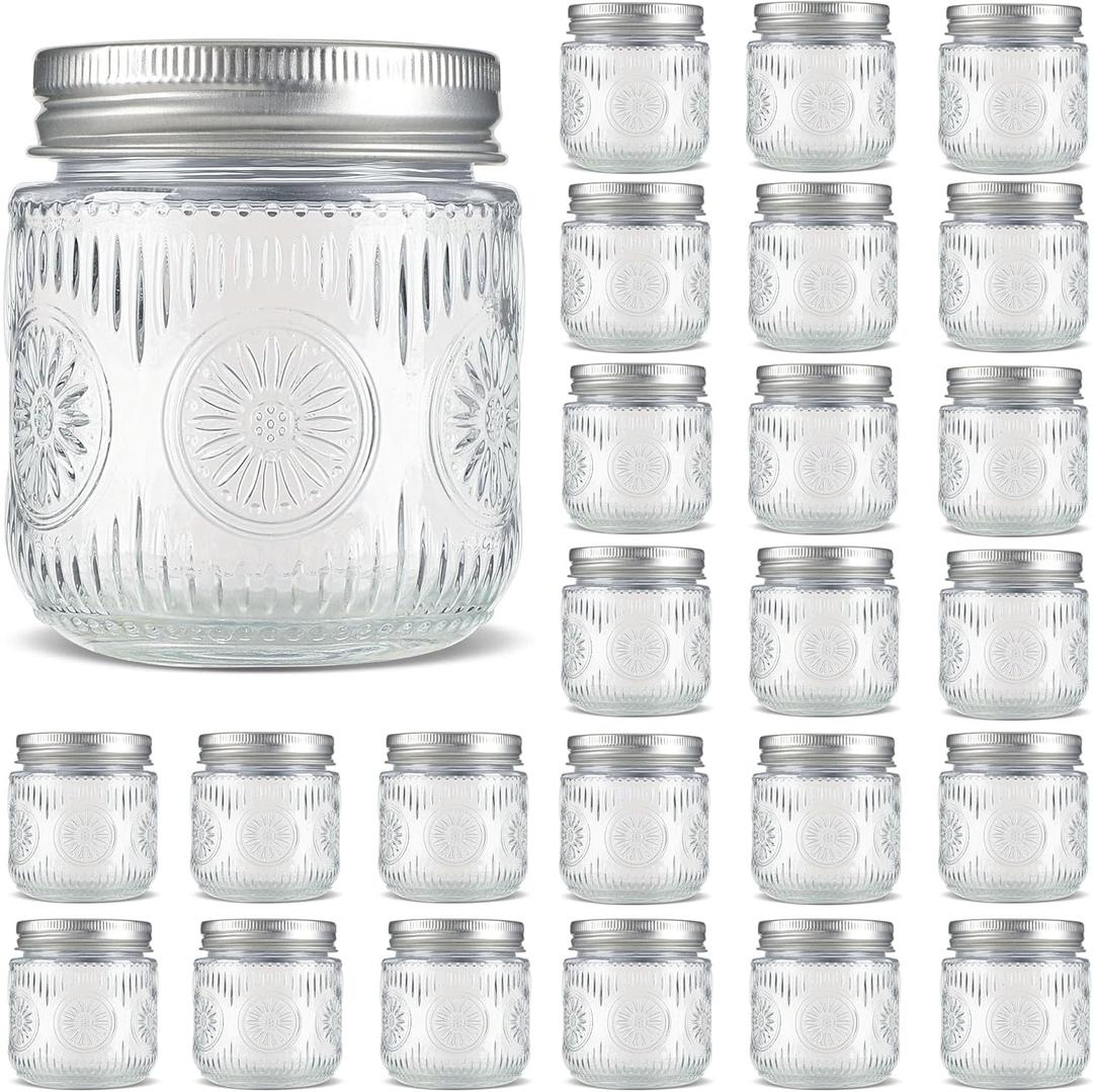 Mason Jars 8 oz - Vintage Small Glass Mason Jars with Silver Metal Lids, Regular Mouth Canning Jars, Safe For Storage, Canning, Pickling, Preserving, Fermenting, DIY Crafts & Decor (24Pack)
