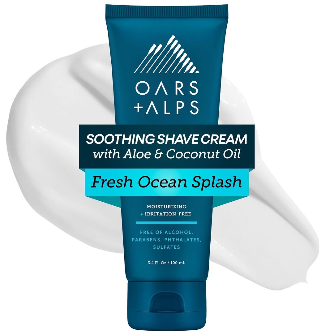Oars + Alps Soothing Men's Shaving Cream, Dermatologist Tested and Infused with Aloe and Coconut Oil, Fresh Ocean Splash Scent, TSA Friendly, 3.4 Oz, 1 Pack