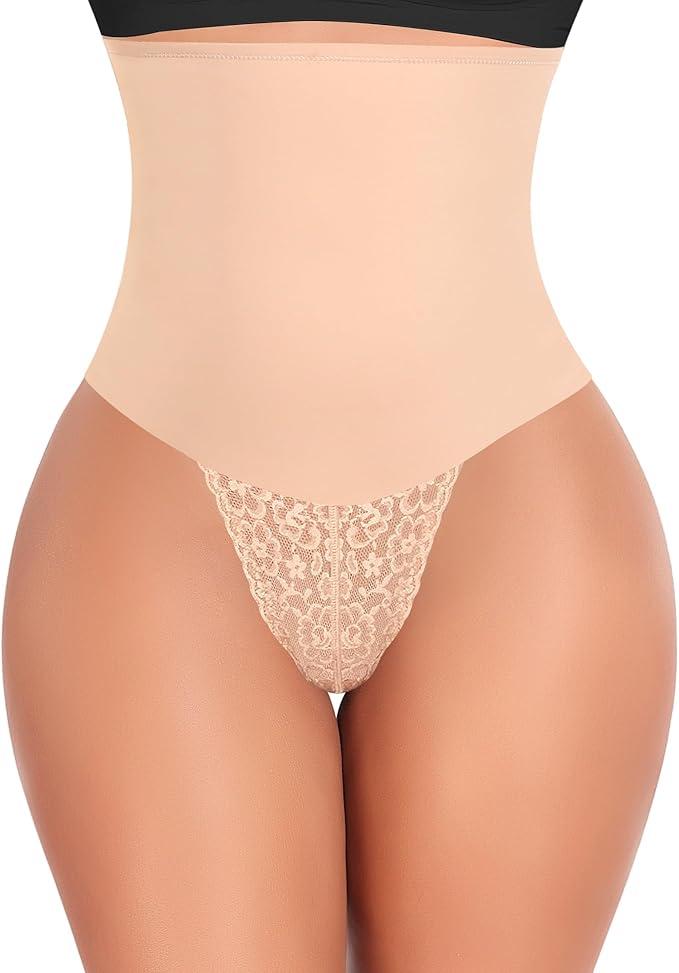 Werena Tummy Control Thong Shapewear for Women Mid High Waisted Body Shaper Underwear Lace Shaping Thong Girdle Panties (Large)