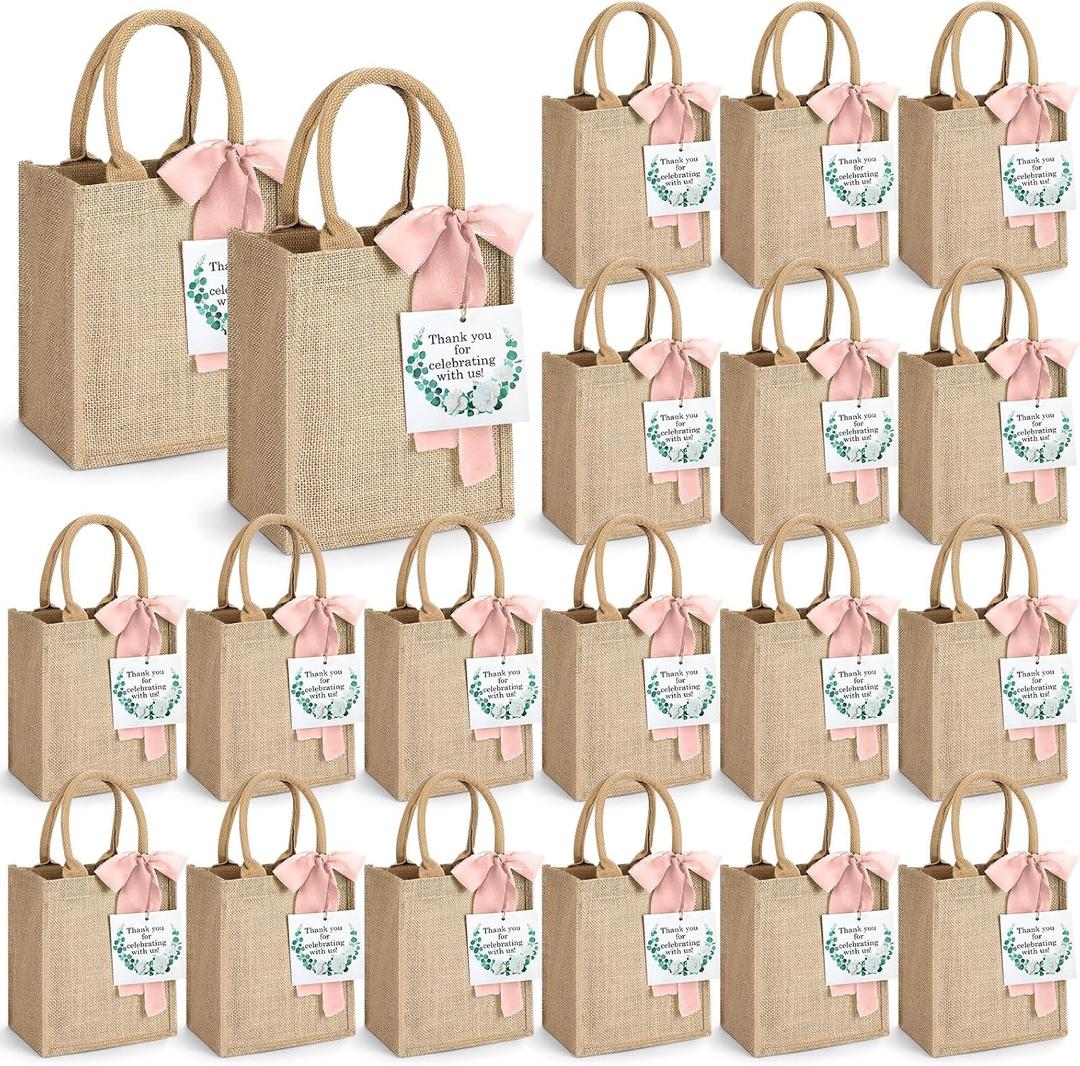 20 Pack Burlap Tote Gift Bags with Handles for Bridesmaid Bachelorette Wedding, 7.9 x 9.8 x 5.9 Inches Buk Reusable Jute Welcome Proposal Bags Baby Shower Wedding Party Supplies(Pink)