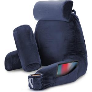 Nestl Reading Pillow with Shredded Memory Foam Includes 2 Neck and Lumber Support Pillows, Designed for Sitting Up in Bed and Couch, Back and Arms Adjustable Support for Adult & Teens, Navy Blue