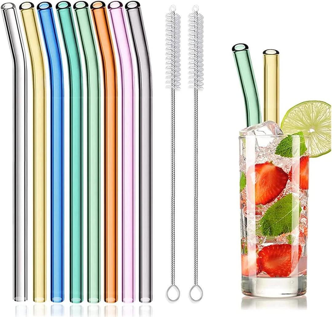 8 Pcs Reusable Glass Straws, 8"x8mm Eco-friendly Drinking Straws for Smoothies, Milkshakes, Tea, Juice, Cocktails - Multi-Color Mixed (8Pcs Bent)
