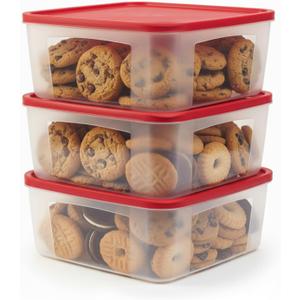Cookie Storage Containers Airtight - 3-Pack 3.7L Square Plastic Containers With Lids for Baked Goods, Cupcake Storage & Meal Prep - BPA Free, Airtight Flat Reusable Muffin Storage Container